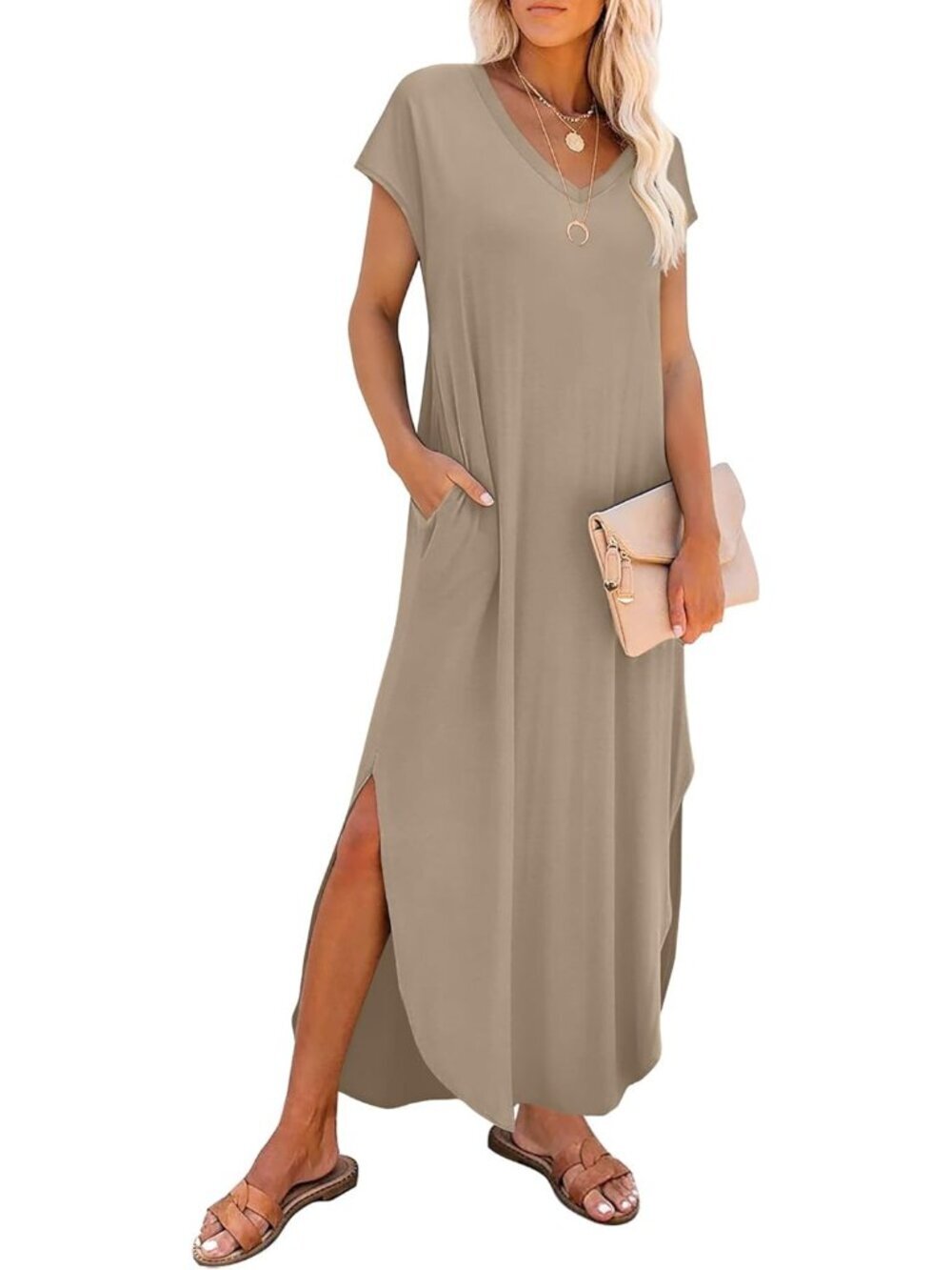 Women's Khaki V Neck Cap Sleeve Long With Pockets Pull On Casual Maxi Dresses
